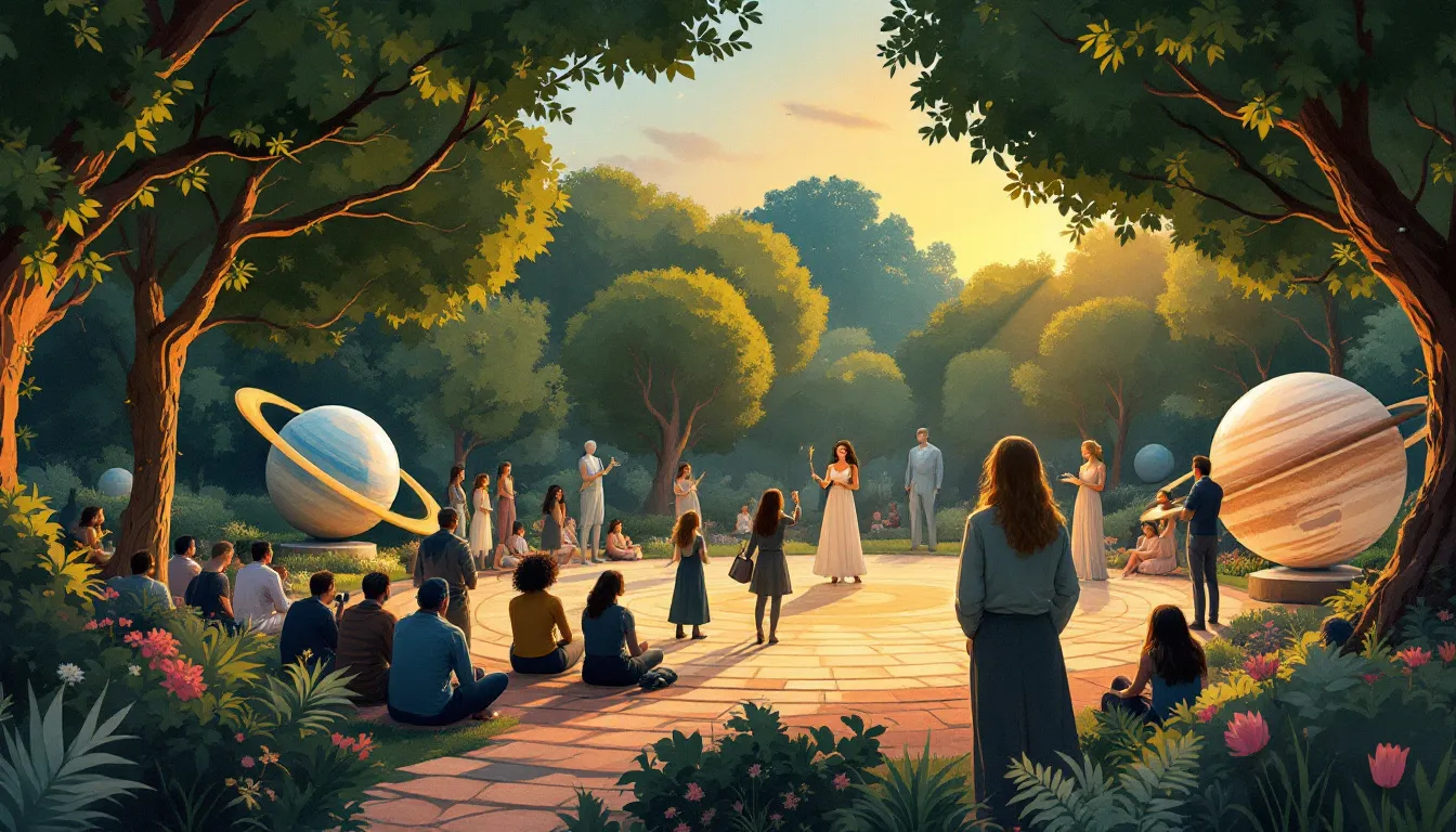 Ilustración de una representación teatral al aire libre en un jardín temático durante el atardecer