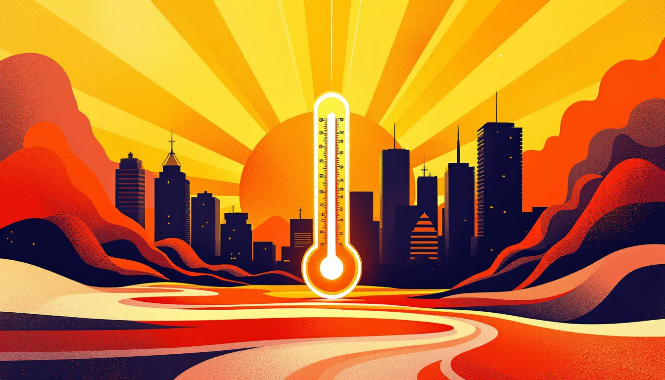 Ilustración abstracta representando calor extremo con termómetro y rayos de sol sobre silueta urbana