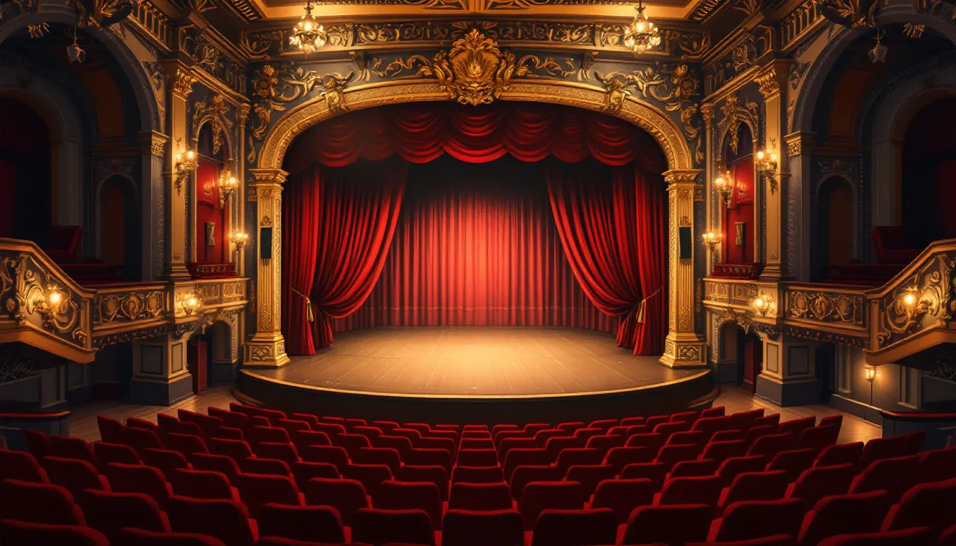Ilustración de un teatro histórico de estilo barroco con escenario y cortinajes