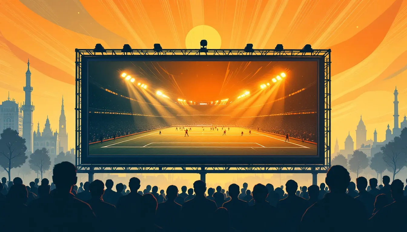 Ilustración editorial de pantalla pública de fútbol bajo calor intenso en Madrid
