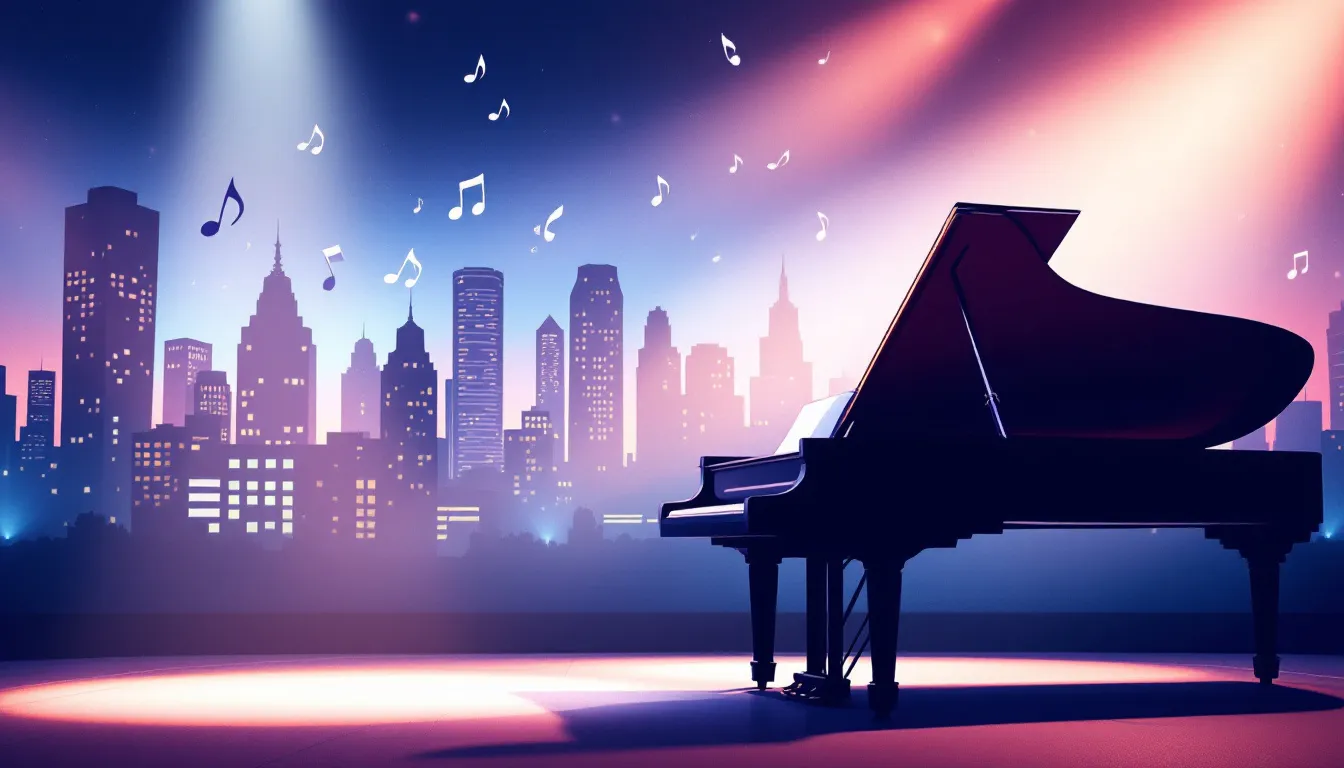 Ilustración editorial de un piano en escenario con silueta urbana al fondo
