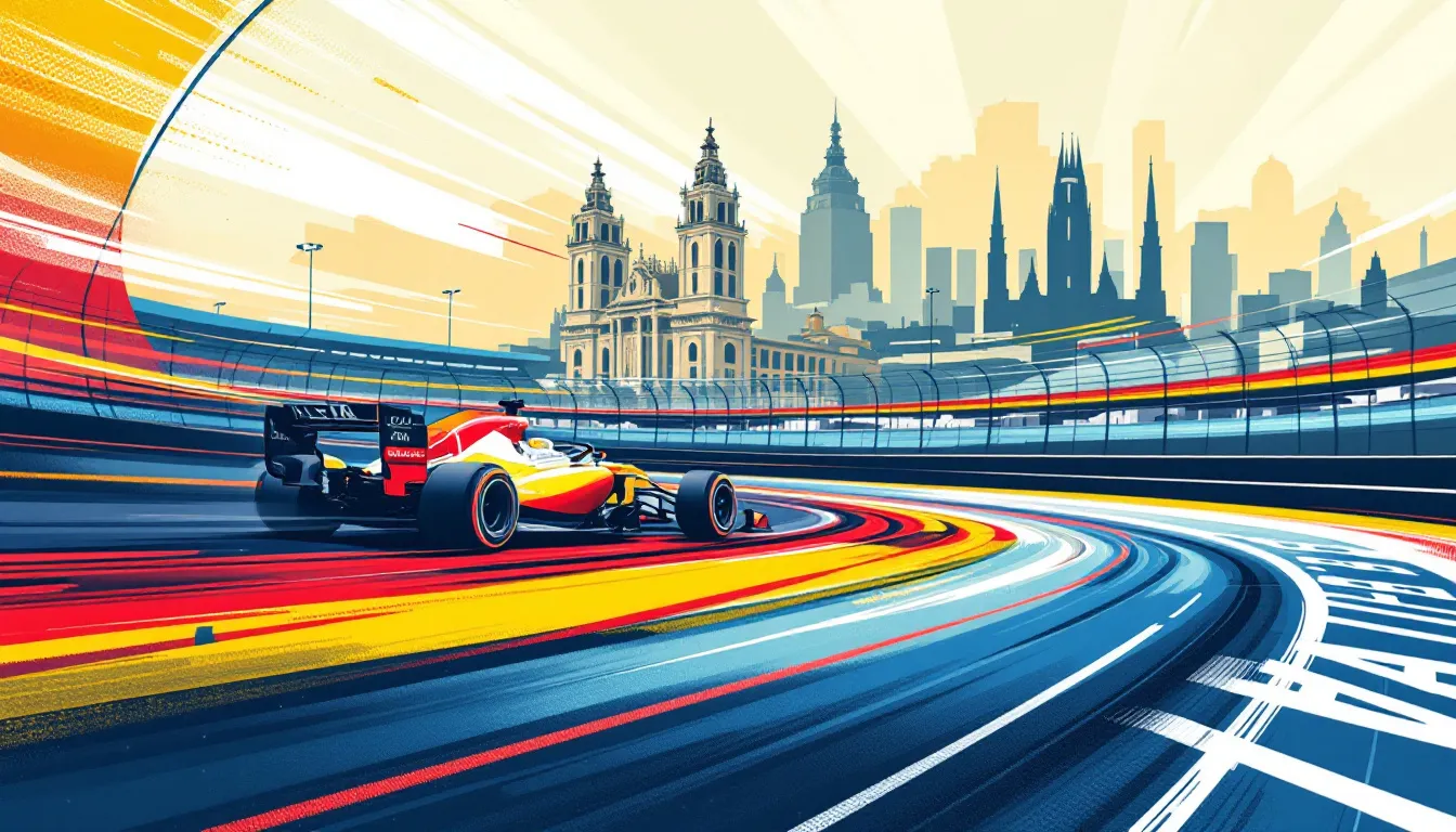 Ilustración editorial del Gran Premio de Fórmula 1 de Madrid 2026 con elementos del circuito