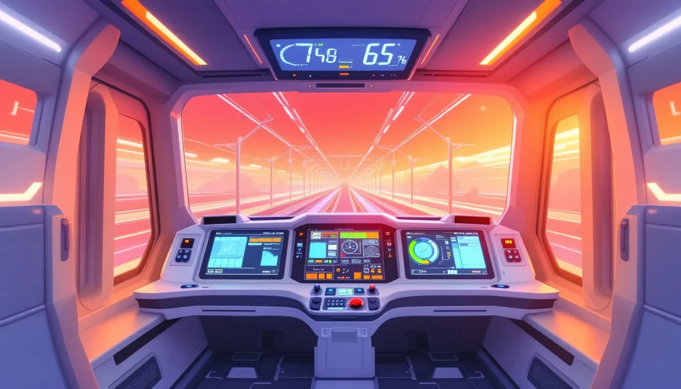 Ilustración de un simulador moderno de conducción de metro con mandos y pantallas digitales