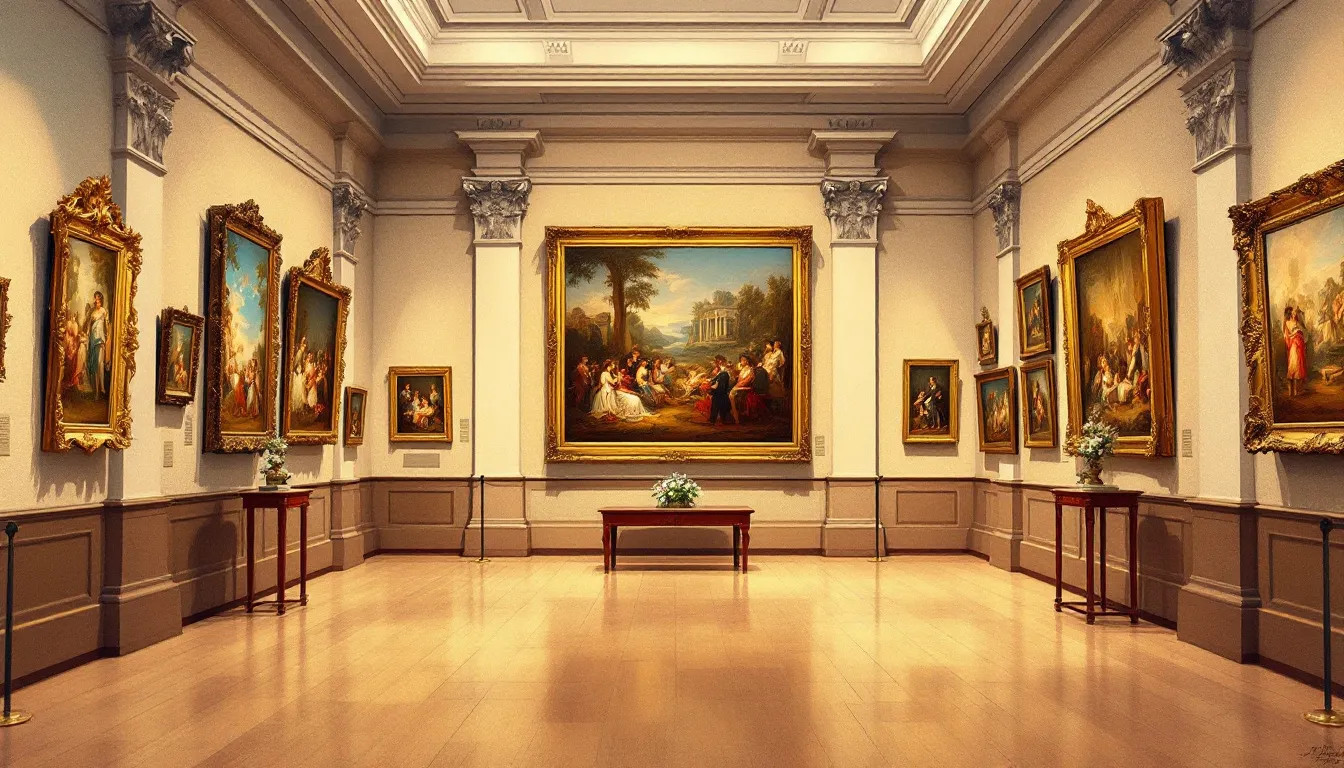 Ilustración abstracta de una sala de museo con obras de arte clásicas europeas