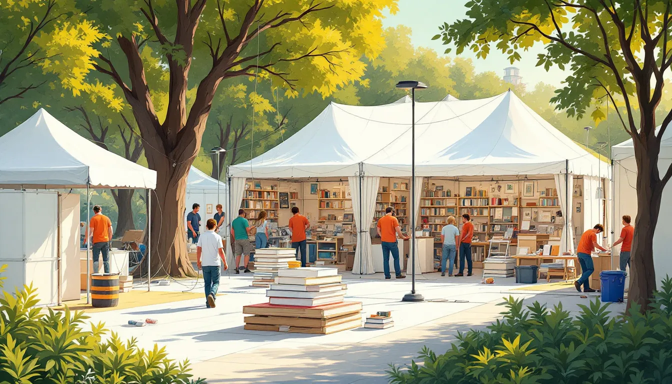 Ilustración editorial de la preparación de una feria del libro al aire libre con casetas y trabajadores