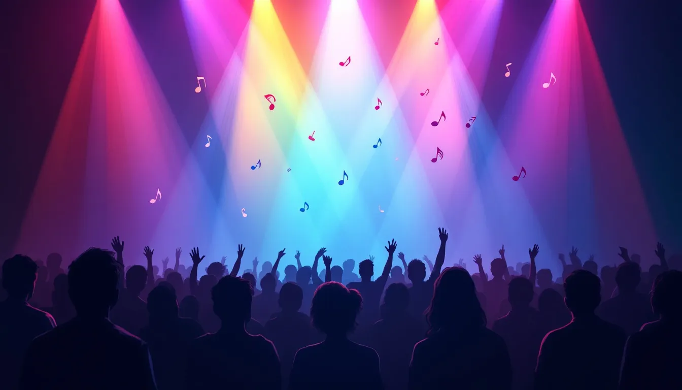 Ilustración editorial de un escenario de concierto con luces y ambiente festivo de verano