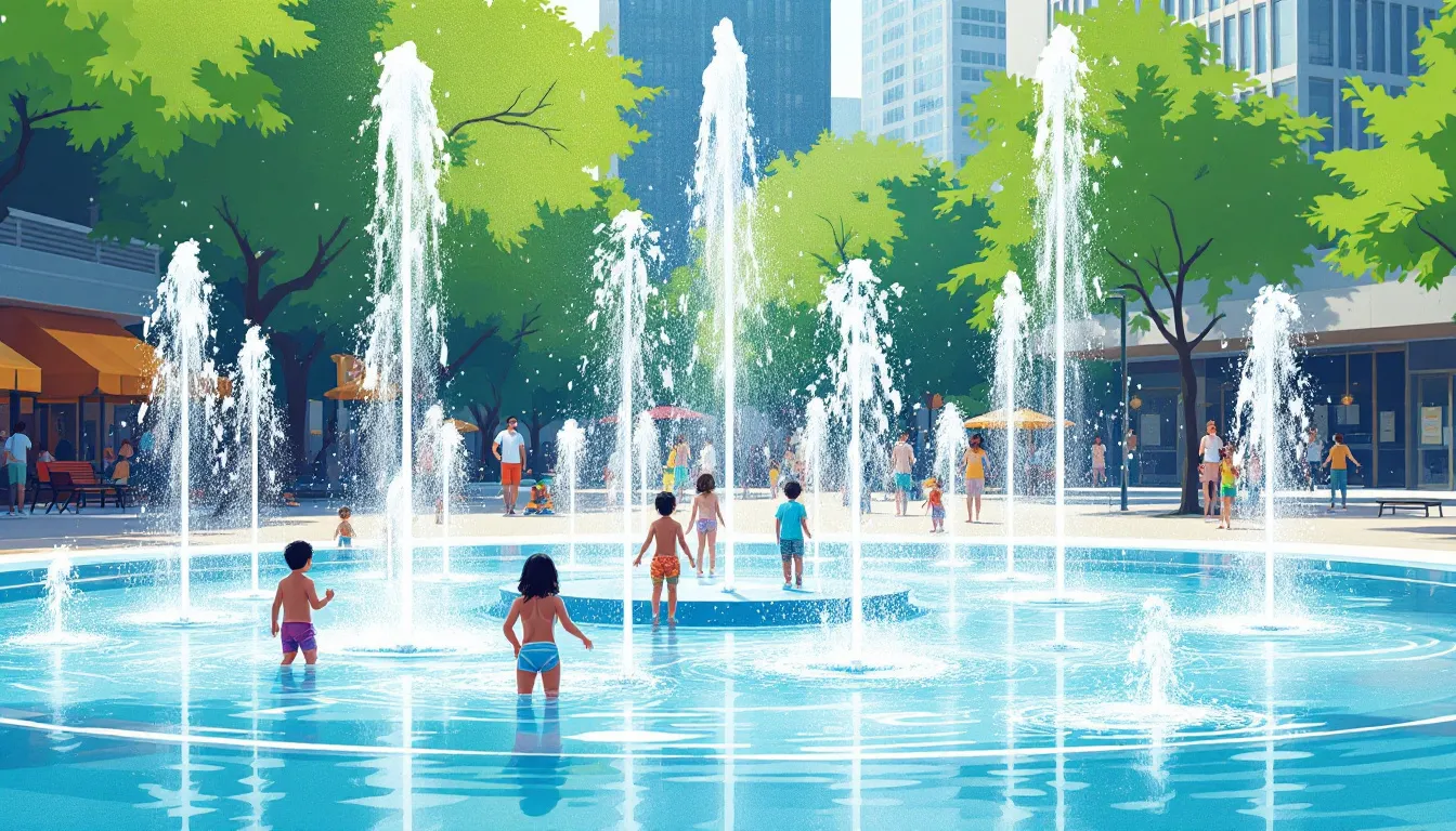 Ilustración de juegos de agua infantiles en plaza urbana con surtidores