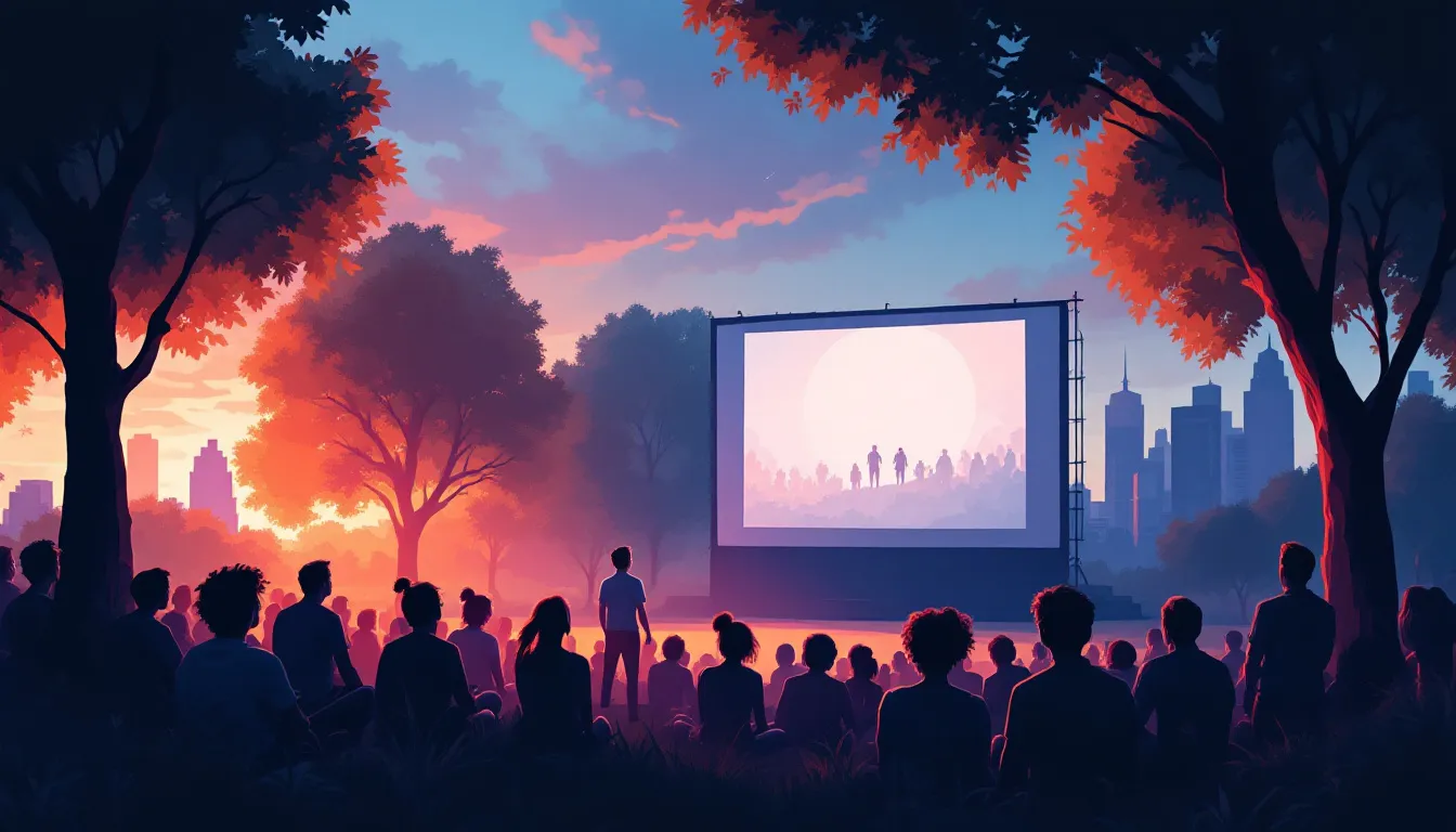 Ilustración de una proyección de cine al aire libre en un parque urbano durante una tarde de verano