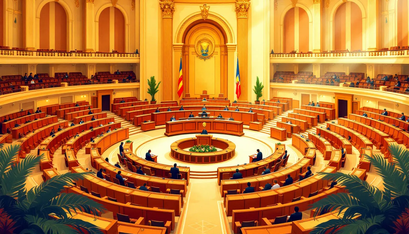 Ilustración conceptual de una cámara parlamentaria autonómica con disposición semicircular de escaños