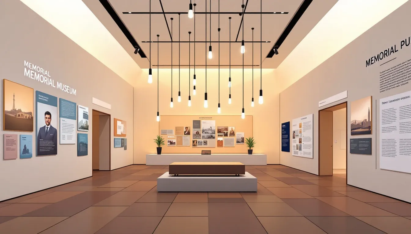 Ilustración de un espacio museístico memorial con paneles expositivos y luces suspendidas