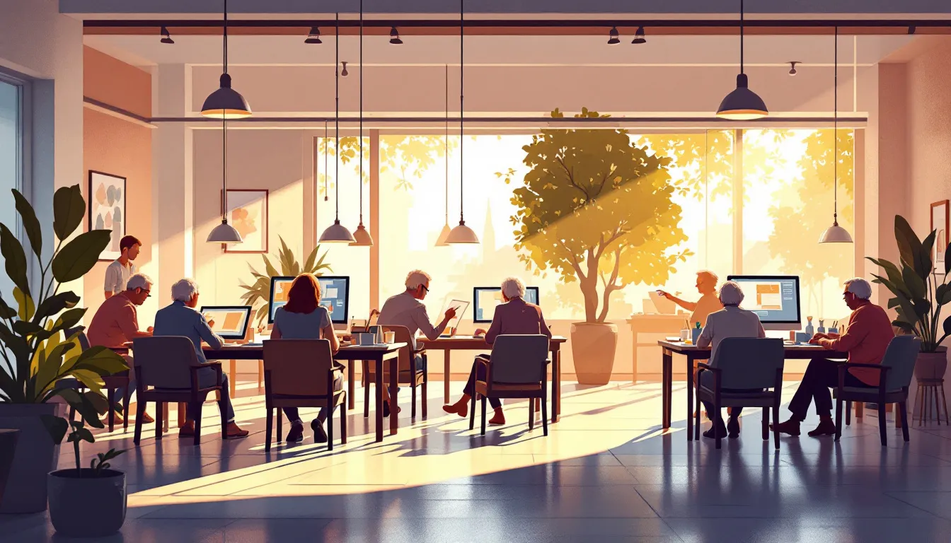 Ilustración editorial de un taller municipal para mayores con actividades creativas y formativas