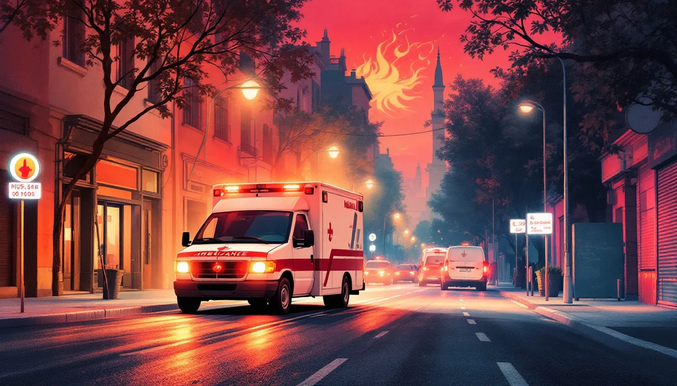 Ilustración editorial abstracta de una emergencia médica por calor extremo en entorno urbano