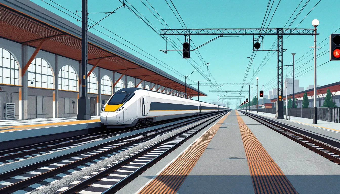 Ilustración editorial de infraestructura ferroviaria de alta velocidad con sistemas de señalización