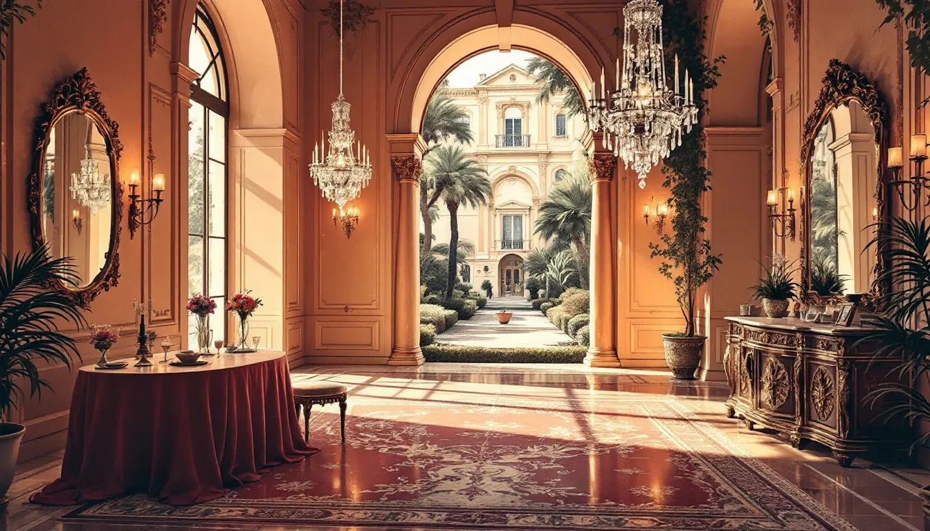 Ilustración editorial de un palacio aristocrático del siglo XIX con salón de baile y jardín romántico